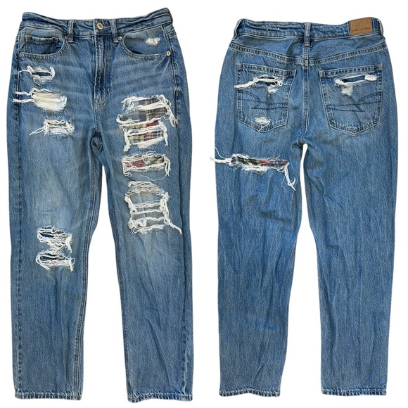 American Eagle “Mom Straight Jean” Cotton Ripped Jeans Flannel Cut Out Size 4 - Picture 1 of 13